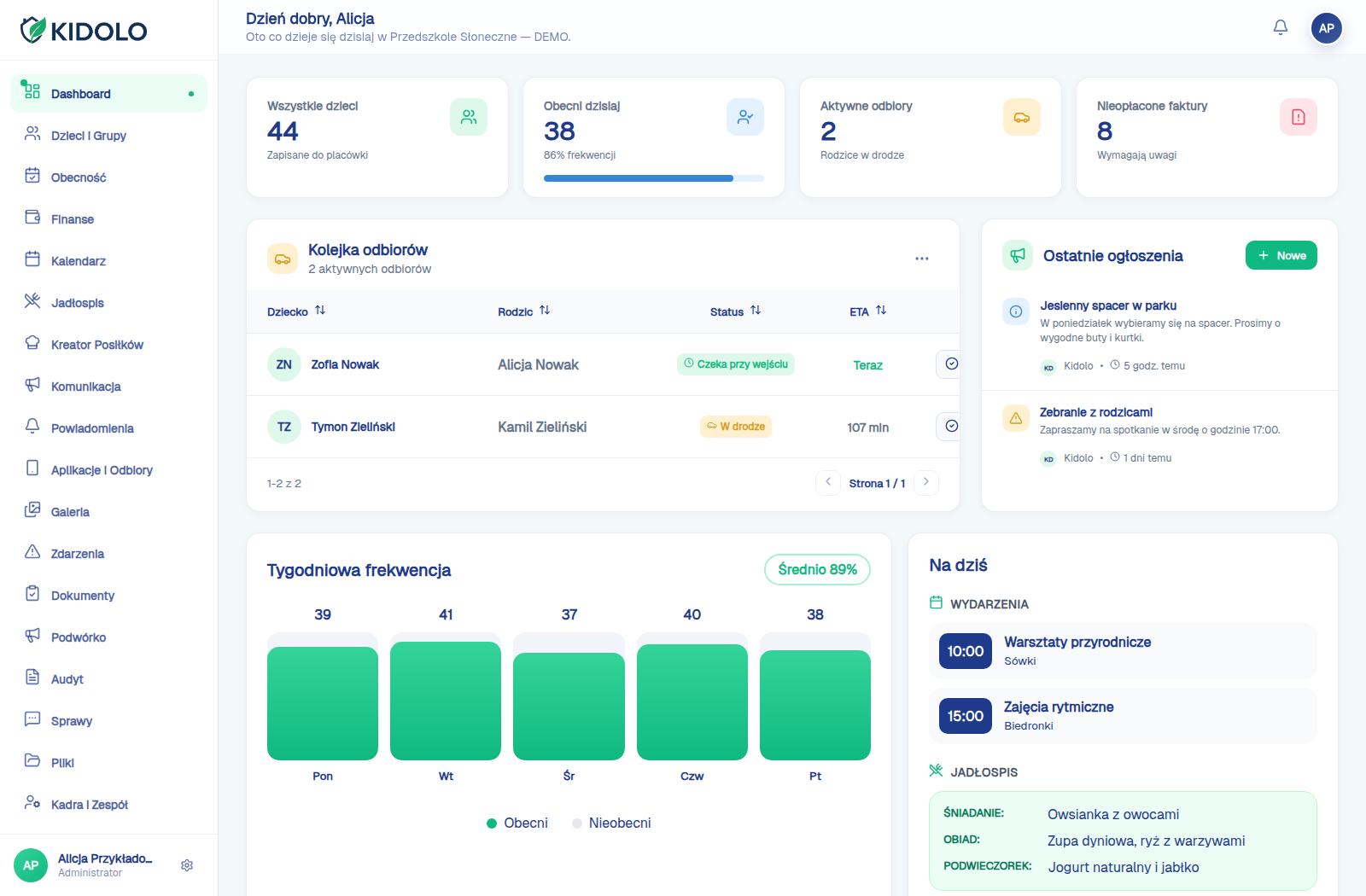 Kidolo.pl — Rozbudowany panel placówki (komputer)